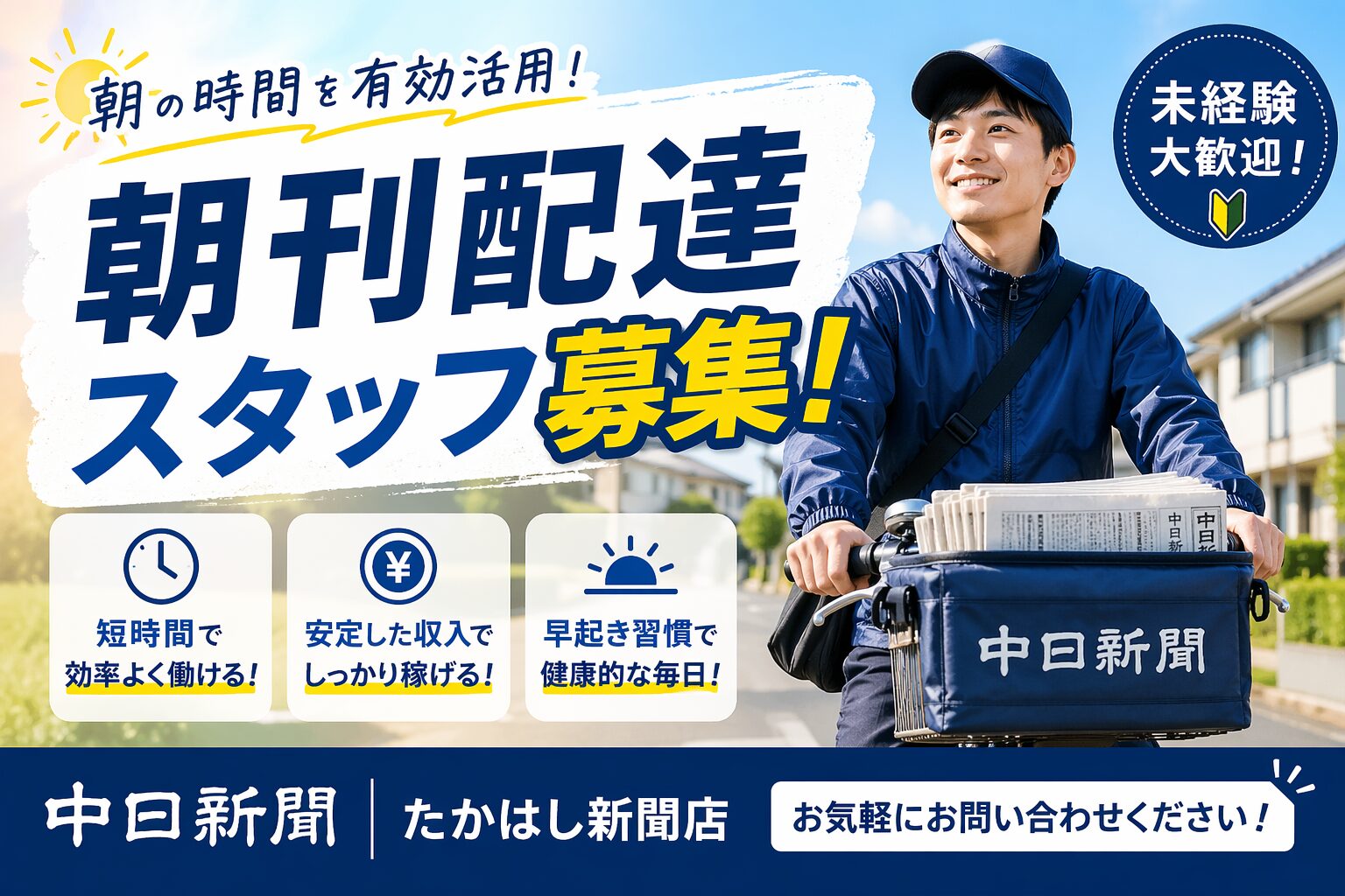 朝刊配達スタッフ募集（週2，3日からでもOK）